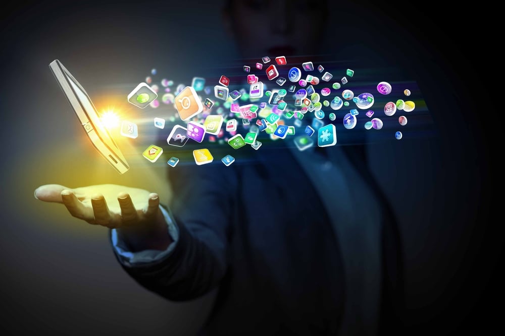 Application icons in human hand. Wireless technologies Application icons in human hand. Wireless technologies